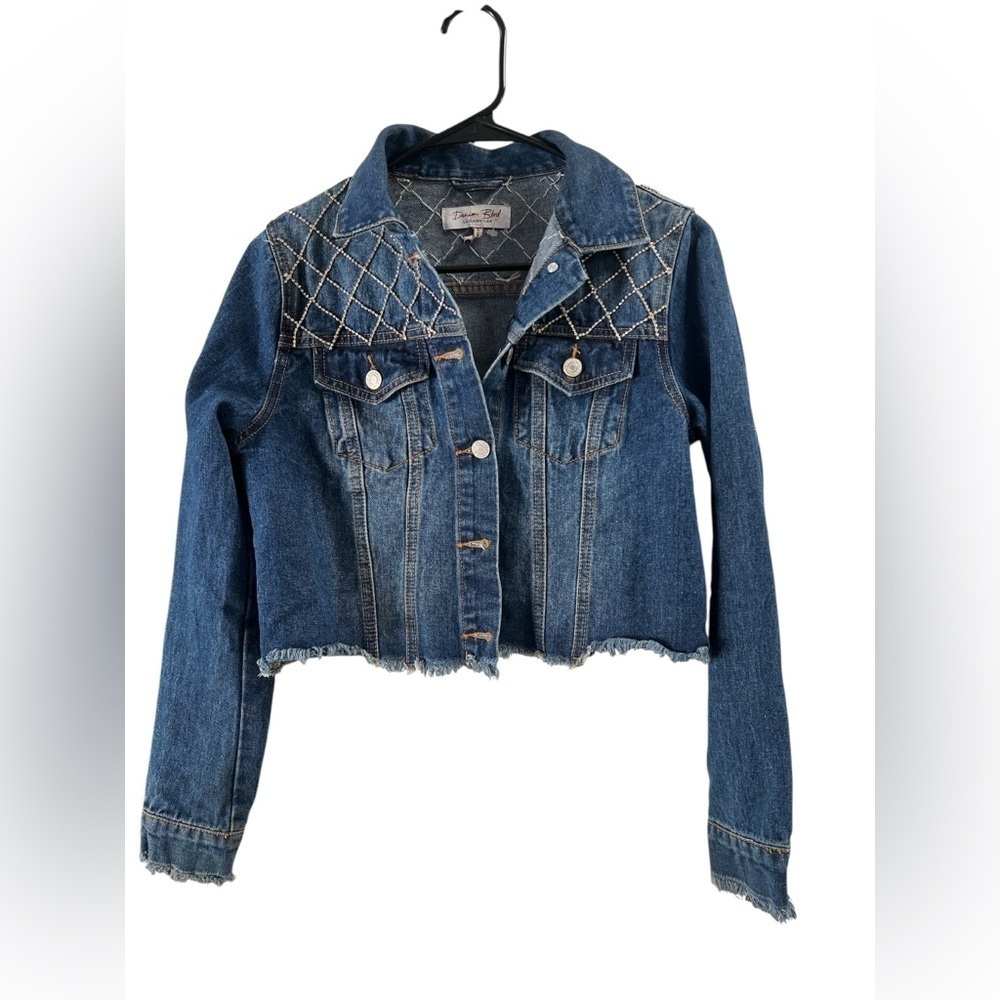 Denim blvd rhinestone crop jean jacket raw hem